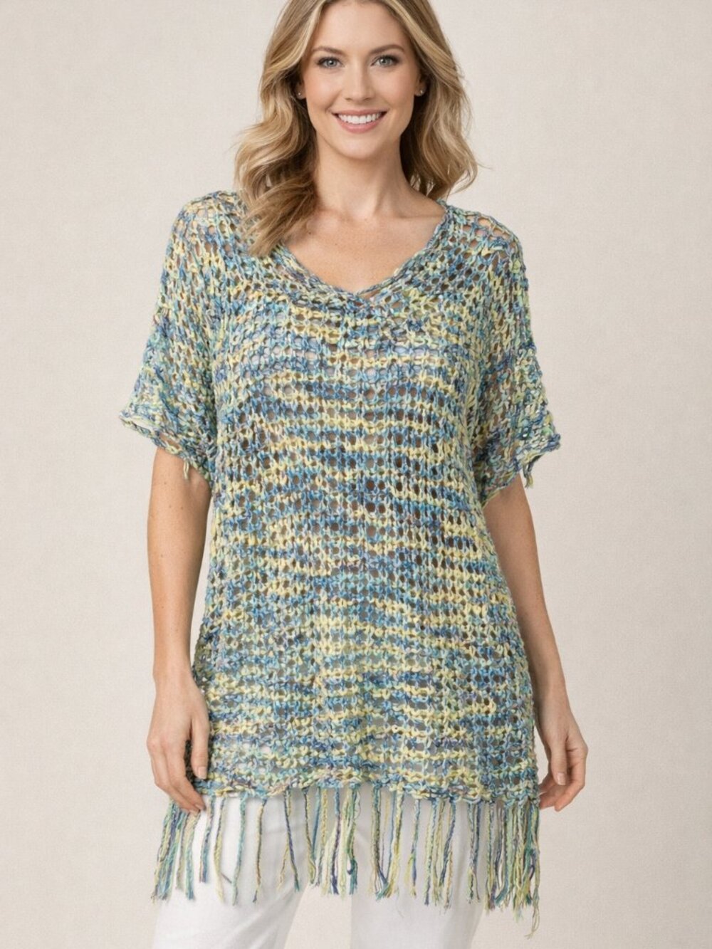 Ali Miles Mix-Color Open-Knit Crochet Fringe Tunic Top - Small